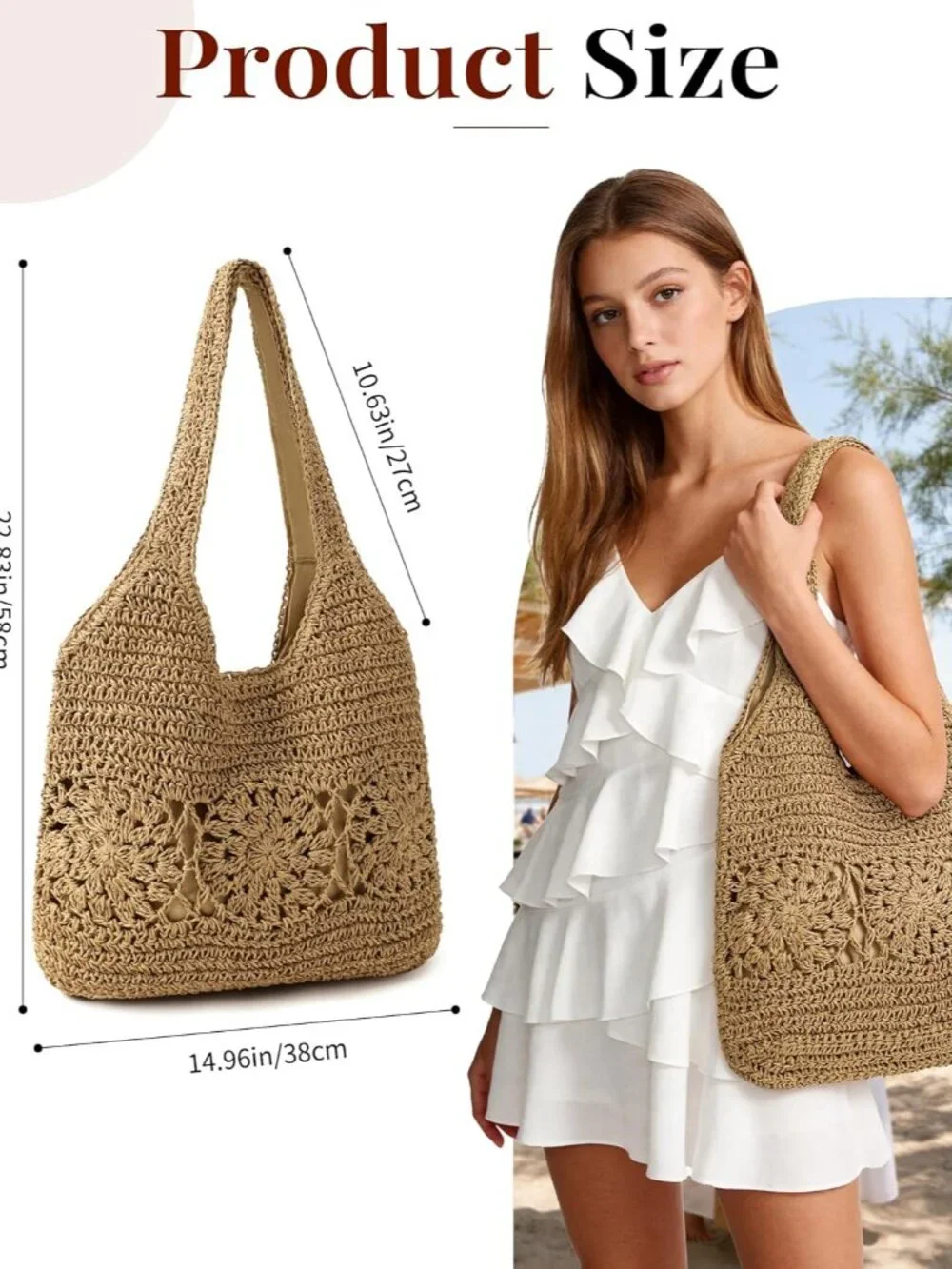 Beach Bag, Straw Beach Bags for Women, Floral Designed Beach Tote Lightweight Fo - Picture 2 of 7